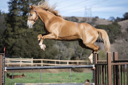 frozen motion shot of a palomino horse jumping a gate