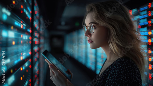 A Caucasian young woman stands among the servers with a tablet device in her hands and checks big data processors. Female data storage analyst working on digital information security.
