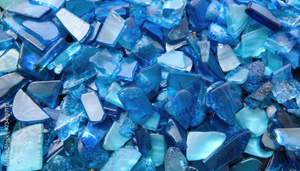 Close up of a pile of blue glass rock in a crate Close up of a pile of blue glass rock in a crate