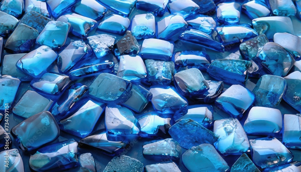 Close up of a pile of blue glass rock in a crate