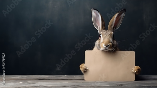 Portrait of a funny hare with a blank banner. Copy-space