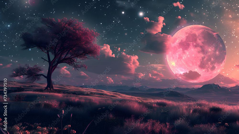 Fantasy Night Sky with Large Pink Moon and Lone Tree on a Grassy Hill