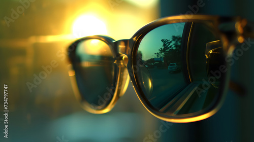 Sunset Reflection in Sunglasses on Blue Background