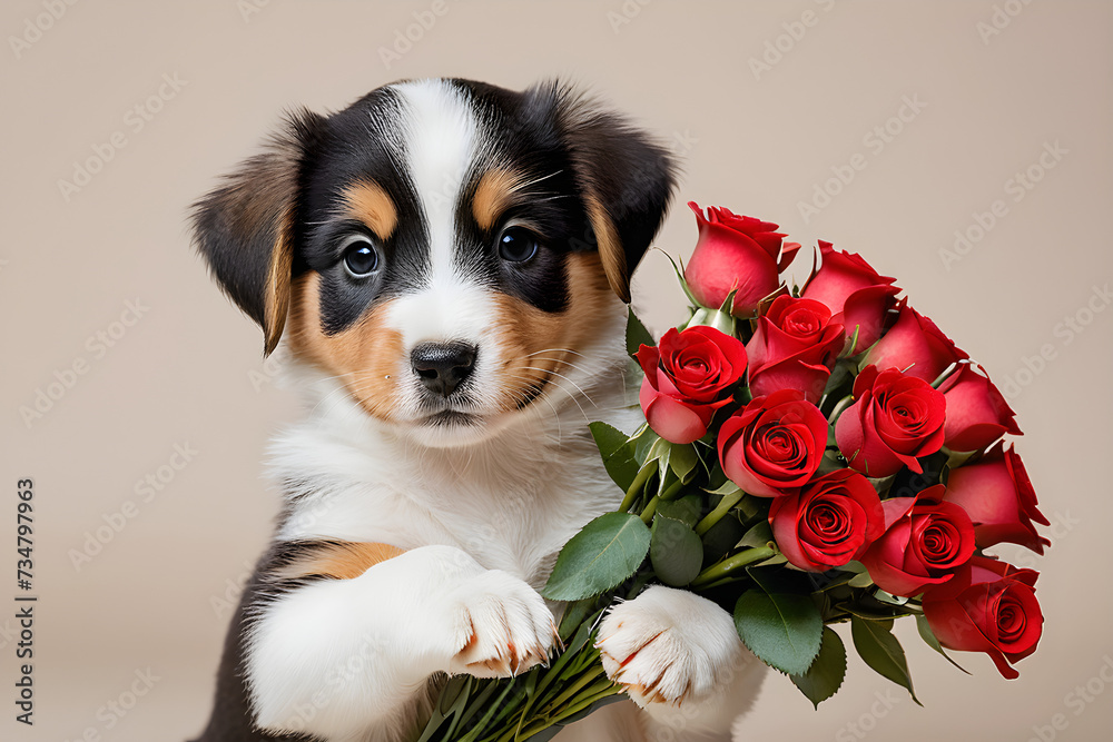 A dog smiling with a bouquet of roses. Generative AI