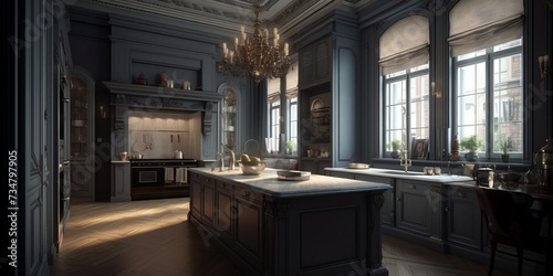 Interior of kitchen in Empire style luxury house.