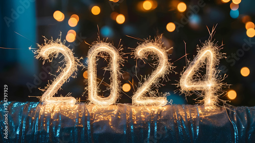 Sparkling New Year 2024 Sparklers on Festive Background with Bokeh Lights