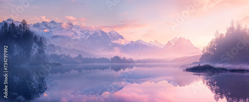 panorama avec un grand lac, une légère brume et des montagnes en arrière-plan à l'aube photo