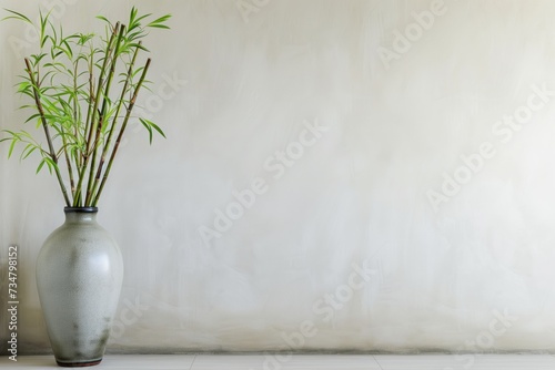 bamboo shoots in a vase beside spa space with a blank wall photo