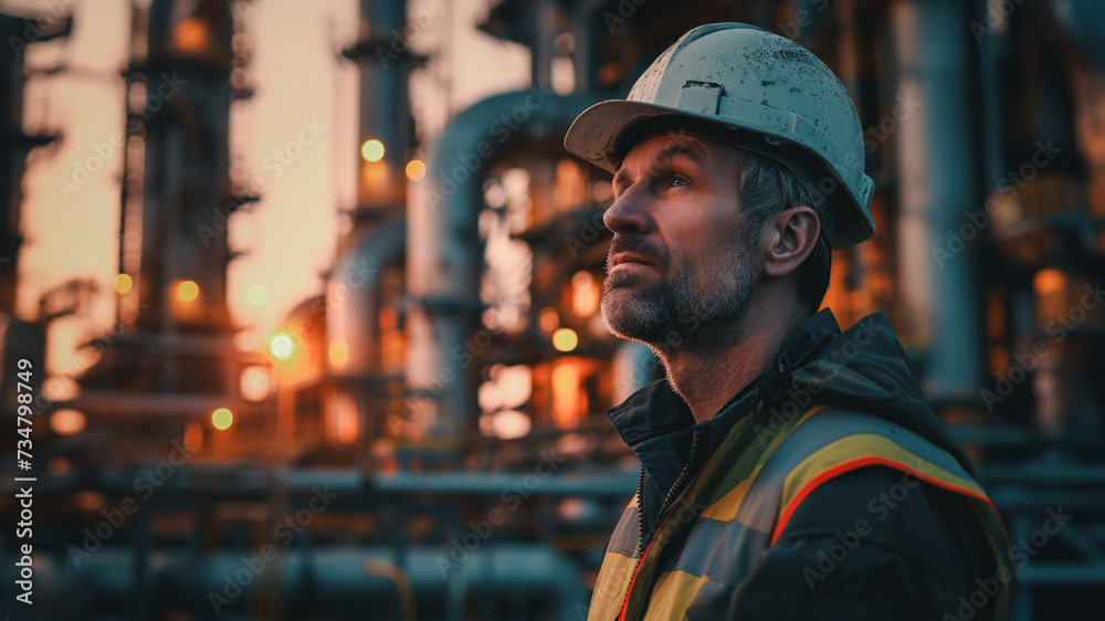 A seasoned industrial worker in a hard hat and reflective vest looks out over a complex refinery with illuminated lights at dusk. Technician and worker safety gear in safe at work concept.