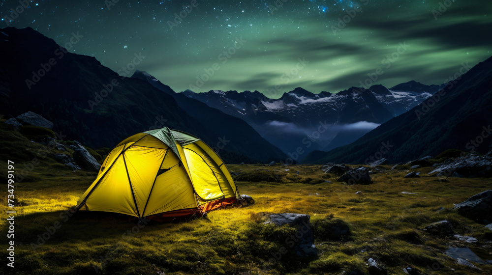 Glowing yellow camping tent