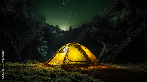 Glowing yellow camping tent