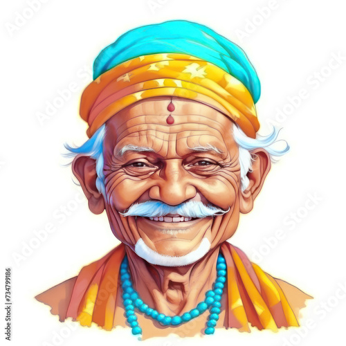 An elderly man with a mustache and glasses wearing a headdress smiles. The old man is enjoying the moment. Watercolor illustration on a white background