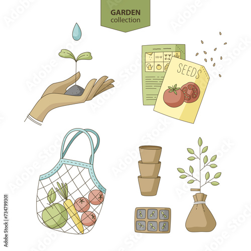 Collection of gardening objects, farm and agriculture concept. Garden tools, plants, supplies.
Set of colorful illustrations with dark outlines.