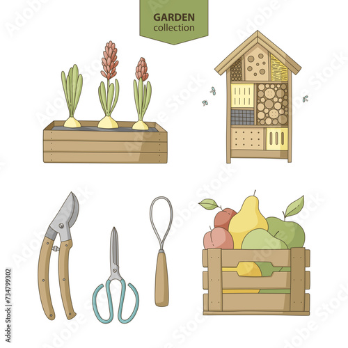 Collection of gardening objects, farm and agriculture concept. Garden tools, plants, supplies.
Set of colorful illustrations with dark outlines.