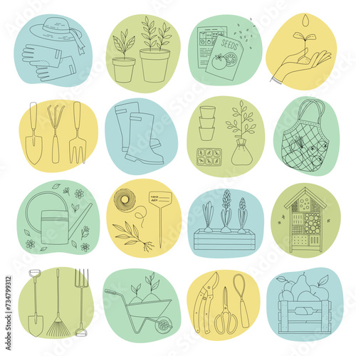 Collection of gardening objects, farm and agriculture concept. Garden tools, plants, supplies.
Set of outline illustrations on colorful background