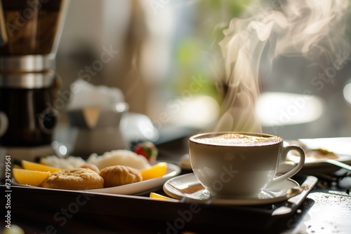 fresh coffee in a cup with steam over a breakfast tray