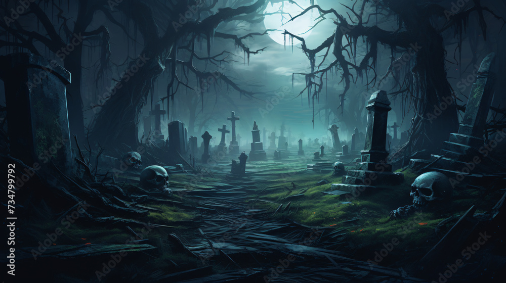 Graveyard in the spooky night forest