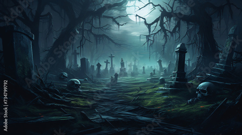 Graveyard in the spooky night forest
