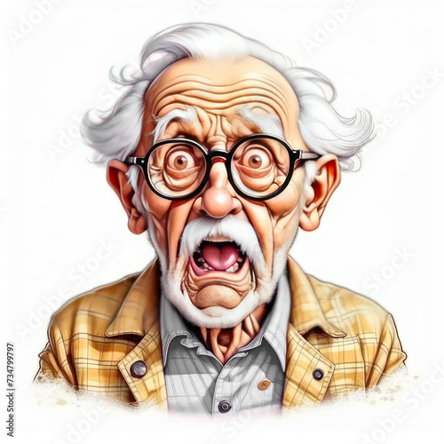 An elderly gray-haired man with a mustache and glasses is scared. Concept - emotions. Watercolor illustration on a white background