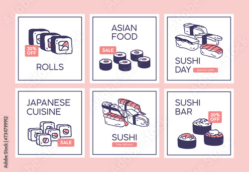 Sushi cards designs set. Asian cuisine bar, Japanese food restaurant, square promo backgrounds. Japan susi rolls, maki sale, delivery, promotion offer post templates. Flat vector illustrations