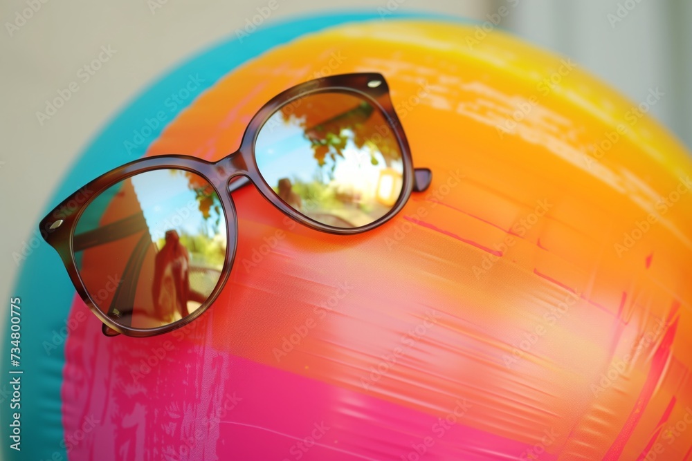 Obraz na plátně pair of sunglasses resting on a vibrant inflatable beach ball
