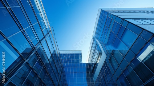 Sky reflecting off modern glass office buildings with clear blue sky.