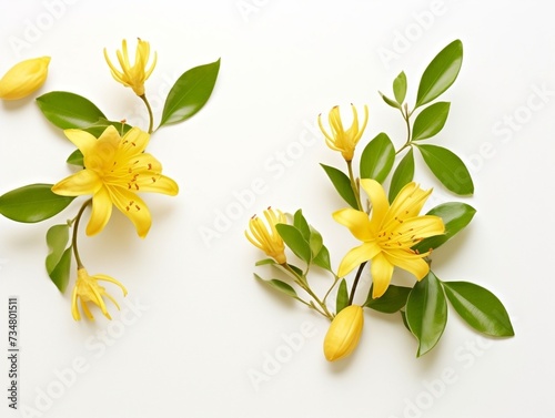 Yellow honeysuckle flowers and leaves photo