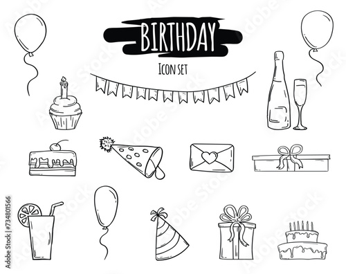Vector hand drawn set of holiday icons on white: balloons, cake, gifts, drinks, champagne and others.