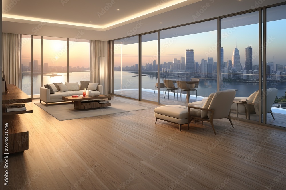 Fototapeta premium design a modern, spacious room with a light color, minimalist features, large windows