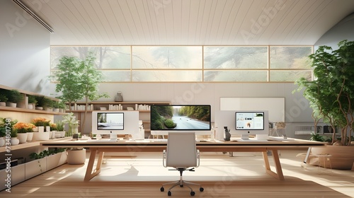  front-facing white office with a high-mounted TV.