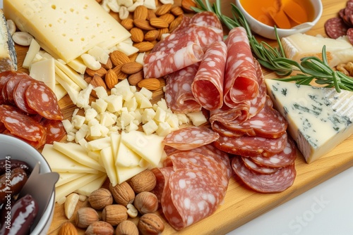 assembling a charcuterie board with meats, cheeses, nuts