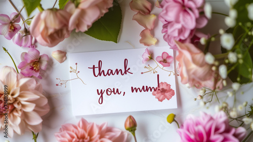 A heartfelt note adorned with the words 'Thank you Mum', nestled among pink flowers