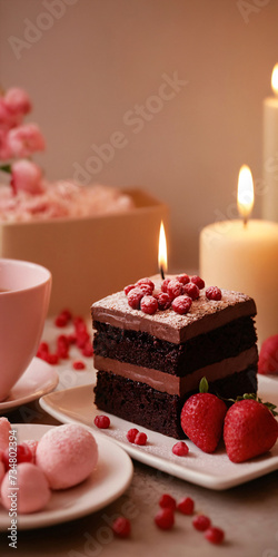 Chocolate cake with a candle and strawberries.