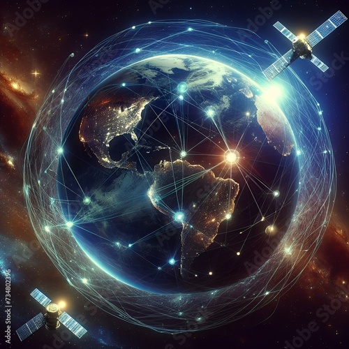 Global Connectivity and Satellite Communication Network Enveloping Earth in a Luminous Mesh