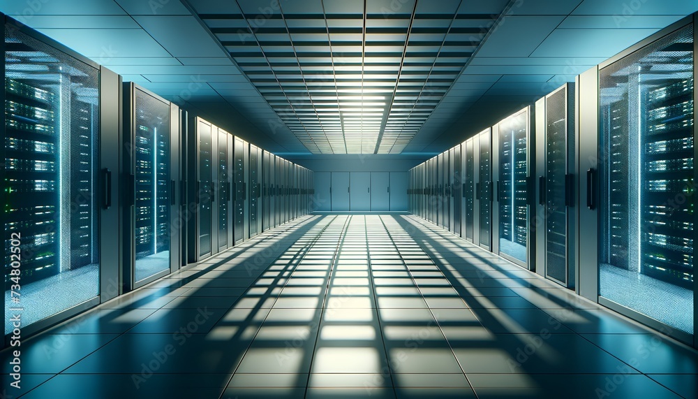 Futuristic Data Center Corridor with Glowing Server Racks and Cable ...