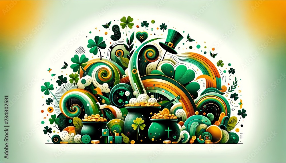 Modern style Festive St. Patrick's Day Illustration Captures the Spirit of Luck with Rainbows, Gold Coins, and Shamrocks. Modern style Festive St. Patrick's Day Illustration Captures the Spirit of Luck with Rainbows, Gold Coins, and Shamrocks.
