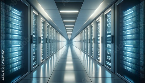 Futuristic Data Center Corridor with Glowing Server Racks and Cable Management Systems. Servers to support websites, applications AI systems and ecommerce