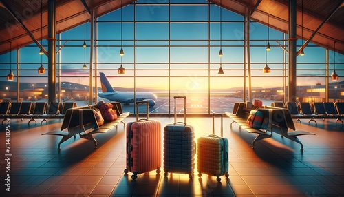 Serene Airport Terminal at Sunset with Luggage Ready for Departure and Planes on Tarmac. Family traveling concept. photo