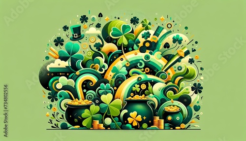 Modern style Festive St. Patrick's Day Illustration Captures the Spirit of Luck with Rainbows, Gold Coins, and Shamrocks.