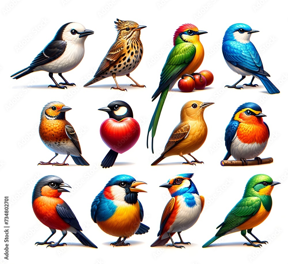 Fototapeta premium Spectacular Illustration of Colorful Birds Depicting the Diverse Beauty of Avian Wildlife in emoji style