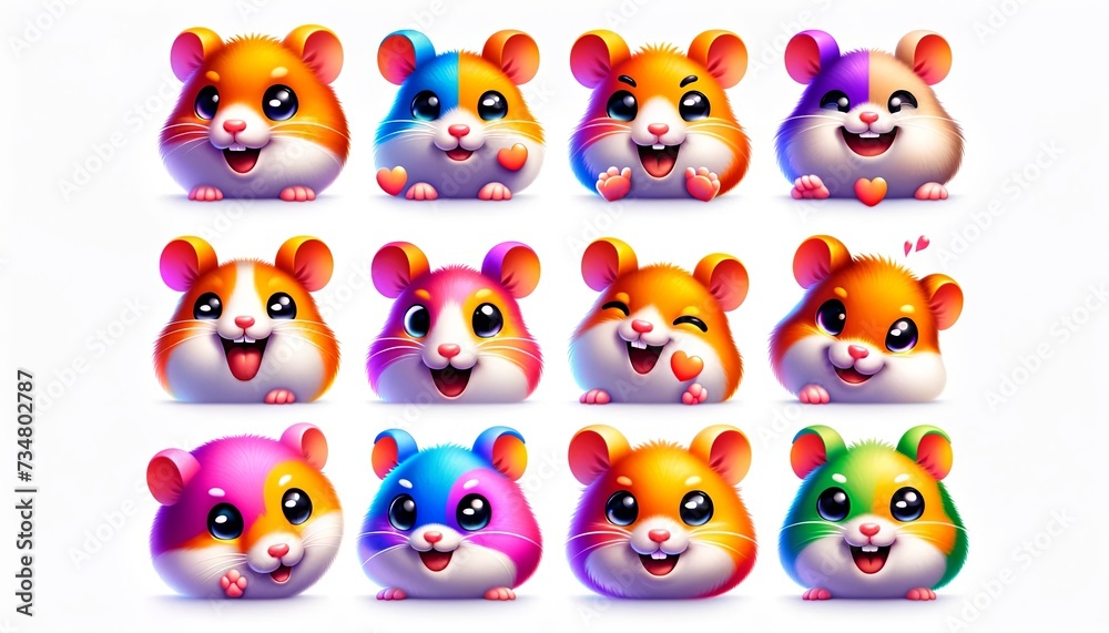 A set of hamsters icons, each designed in a vibrant and stylized emoji style.Adorable Array of Stylized Hamster Emojis Radiate Joy with their Vivid Colors and Expressive Faces. A set of hamsters icons, each designed in a vibrant and stylized emoji style.Adorable Array of Stylized Hamster Emojis Radiate Joy with their Vivid Colors and Expressive Faces.