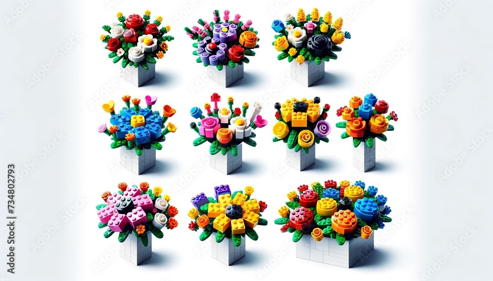 Set of icons, each designed in a Lego style, representing diverse bouquets of flowers, presented on white background. Bouquets with Colorful Bricks Offer a Unique Spin on Floral Arrangements.