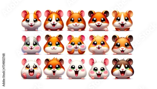 A set of hamsters icons, each designed in a vibrant and stylized emoji style.Adorable Array of Stylized Hamster Emojis Radiate Joy with their Vivid Colors and Expressive Faces.