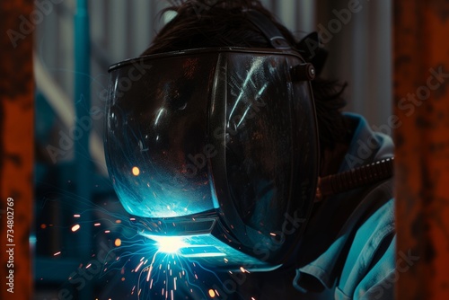 welder with a visor down, focusing on joining metal parts photo