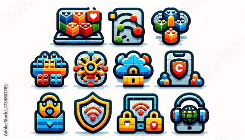 A set of web icons, each designed with elements of Lego, presented against a white background. Dynamic LEGO-Inspired Web Icons Illustrate Connectivity and Online Services with a Playful Twist.