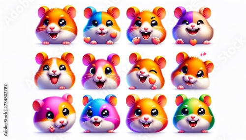 A set of hamsters icons  each designed in a vibrant and stylized emoji style.Adorable Array of Stylized Hamster Emojis Radiate Joy with their Vivid Colors and Expressive Faces.