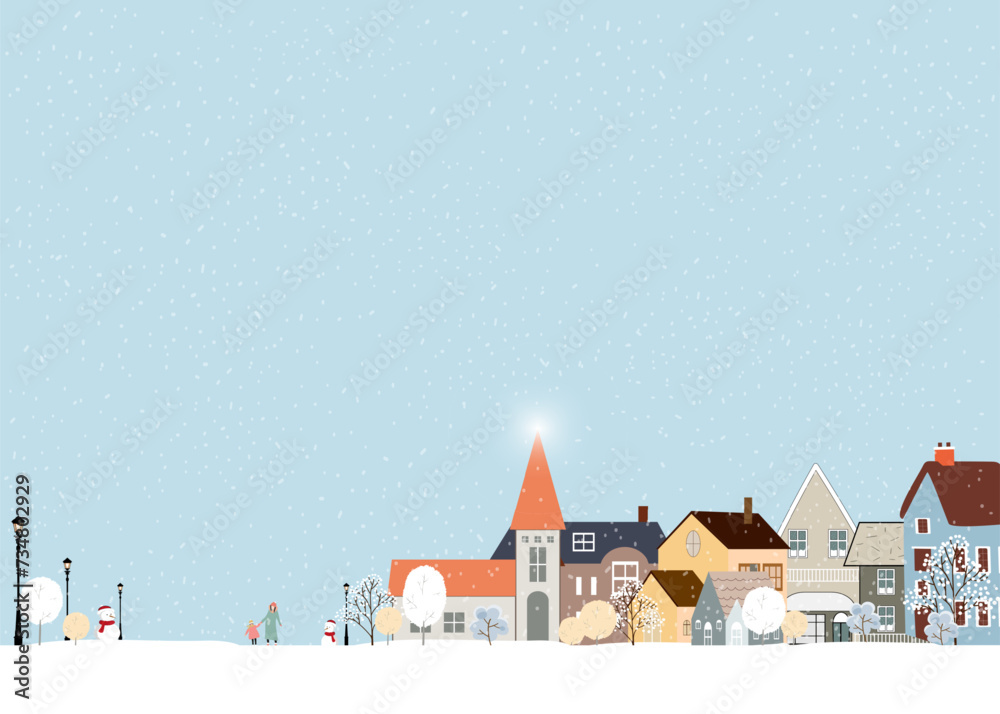 Merry Christmas Background Banner with Winter City Town Landscape with Snow Covering,Cute Vector illustration Happy New Year Greeting Card 2025