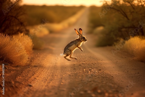 jackrabbit bounding across a narrow dirt road at sunset