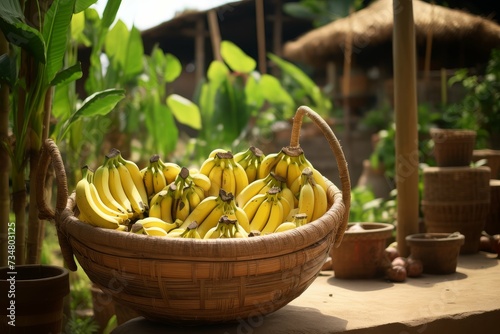 Basket of ripe bananas in a tropical outdoor market setting.