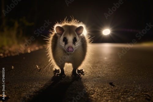 opossum frozen in headlights on a dark suburban road photo